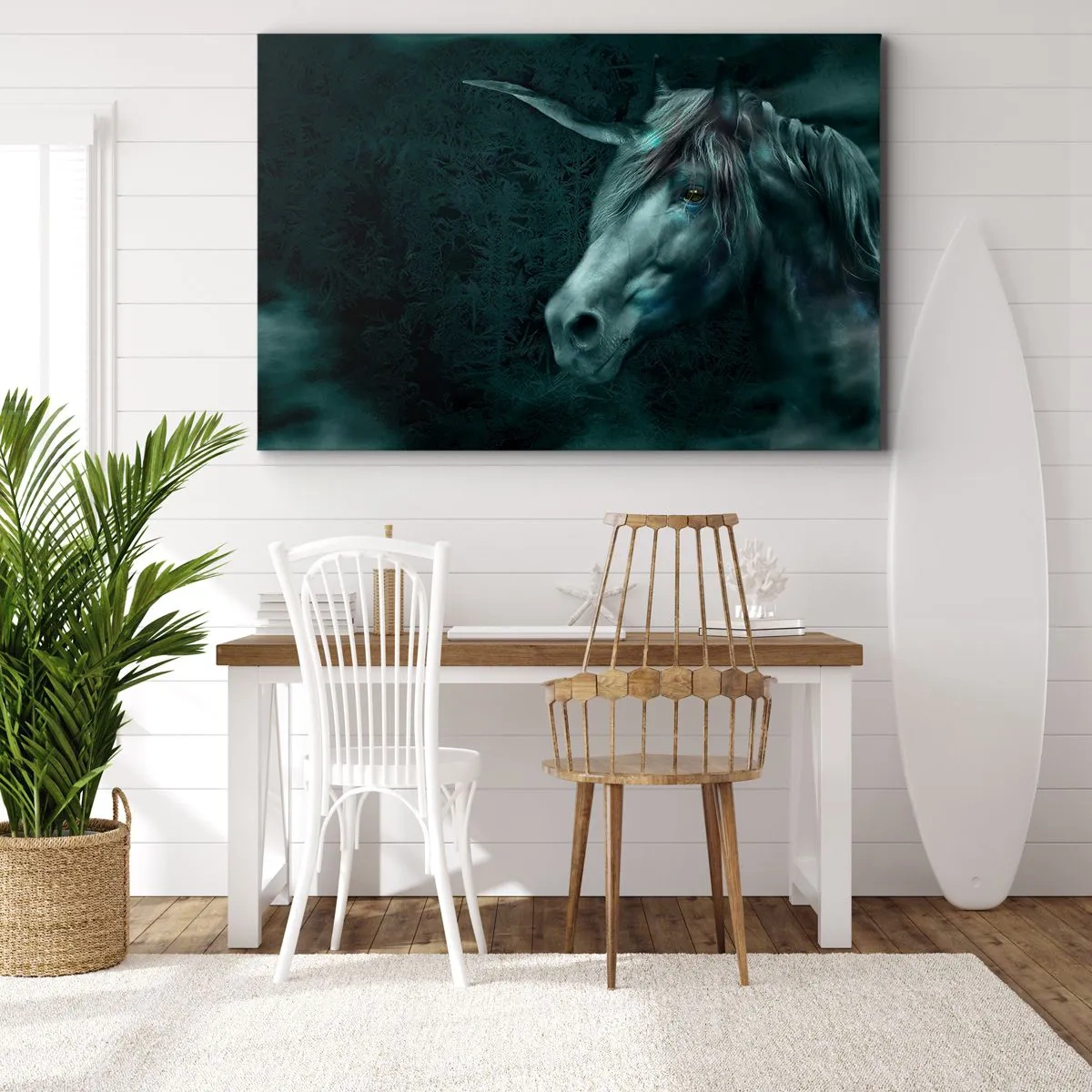 Canvastavla - Bild på duk - En magisk enhörning i en mystisk, mörk skog med fantasifärger. - 70x50cm - I sagoskogen - Modern väggdekoration för vardagsrum och sovrum ARTTOR