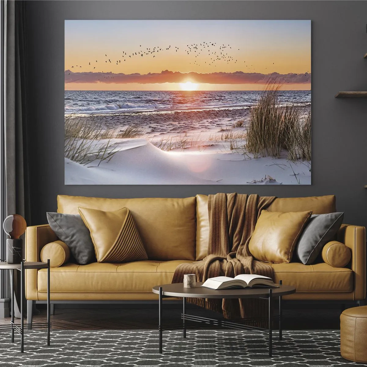 Glastavla - Bild på glas - Solnedgång över havet med fåglar och sanddyner - 70x50cm - Horisontellt landskap - Modern väggdekoration för vardagsrum och sovrum ARTTOR