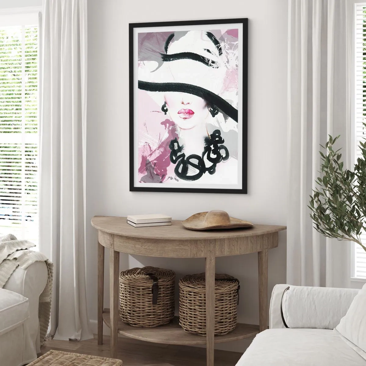 Affisch i svart ram - En elegant illustration av ett kvinnans ansikte i nyanser av rosa och svart. - 50x70cm - En damportätt i svart och rosa - Modern väggdekoration för vardagsrum och sovrum ARTTOR