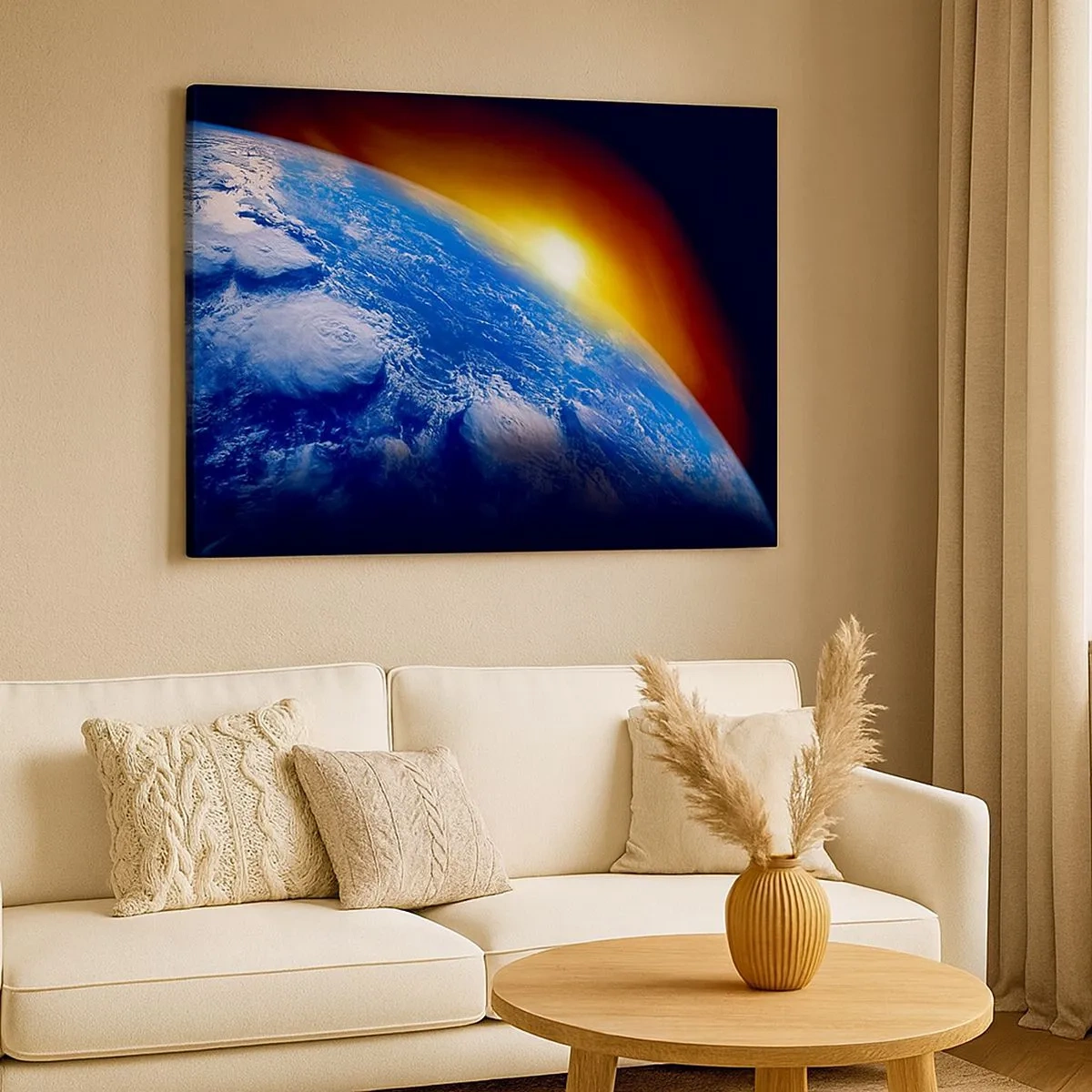 Canvastavla - Bild på duk - Vy över jorden från rymden vid solnedgången - 70x50cm - Soluppgång över den blåa planeten - Modern väggdekoration för vardagsrum och sovrum ARTTOR