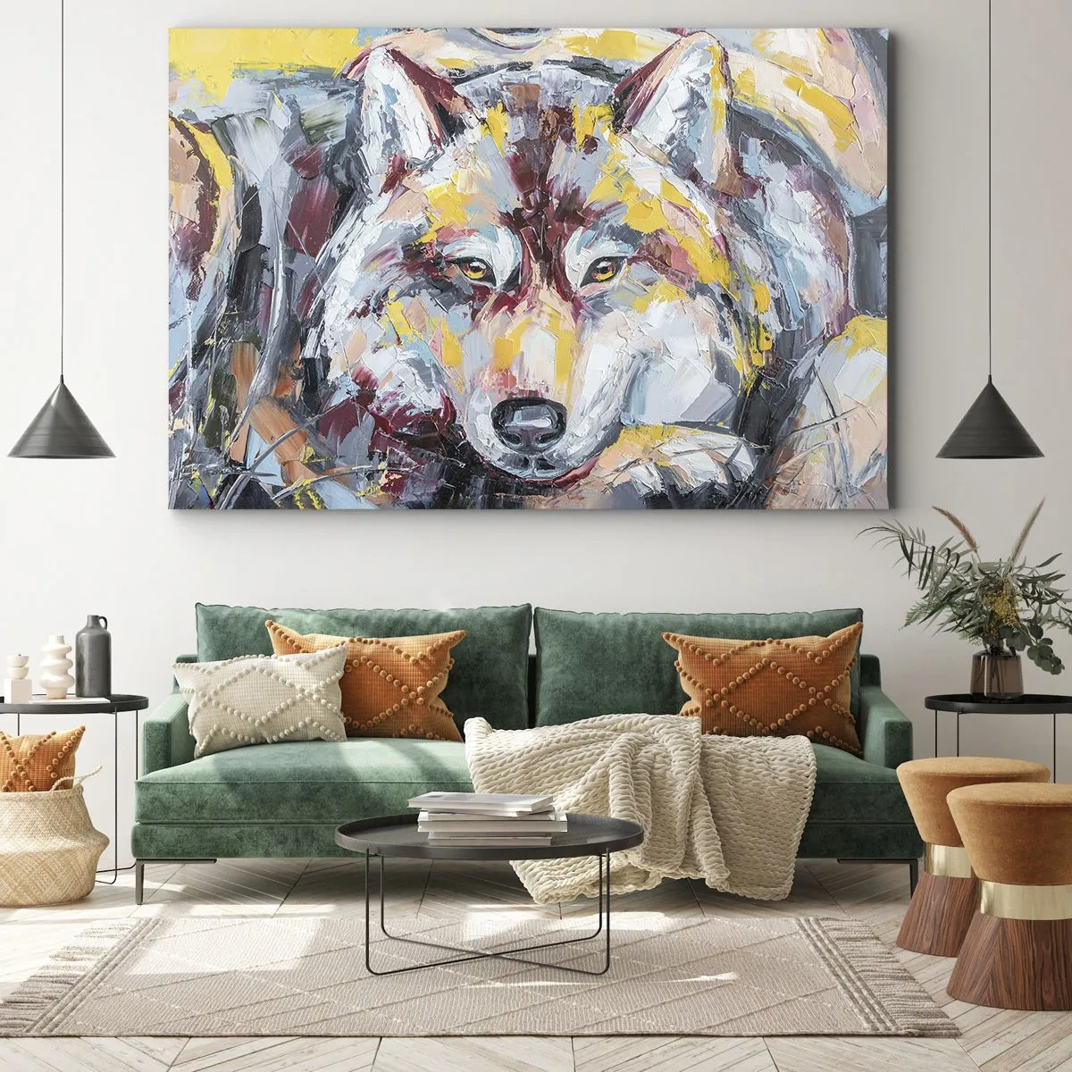 Canvastavla - Bild på duk - Konstnärligt porträtt av en varg i intensiva färger - 70x50cm - Lugnt bland de närmsta - Modern väggdekoration för vardagsrum och sovrum ARTTOR