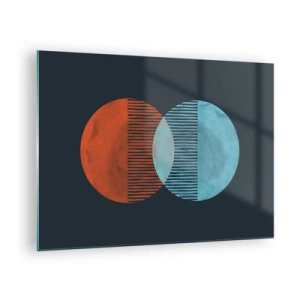 Glastavla - Bild på glas - Två korsande färgglada planeter med ett geometriskt mönster - 70x50cm - Astronomisk fantasi - Modern väggdekoration för vardagsrum och sovrum ARTTOR