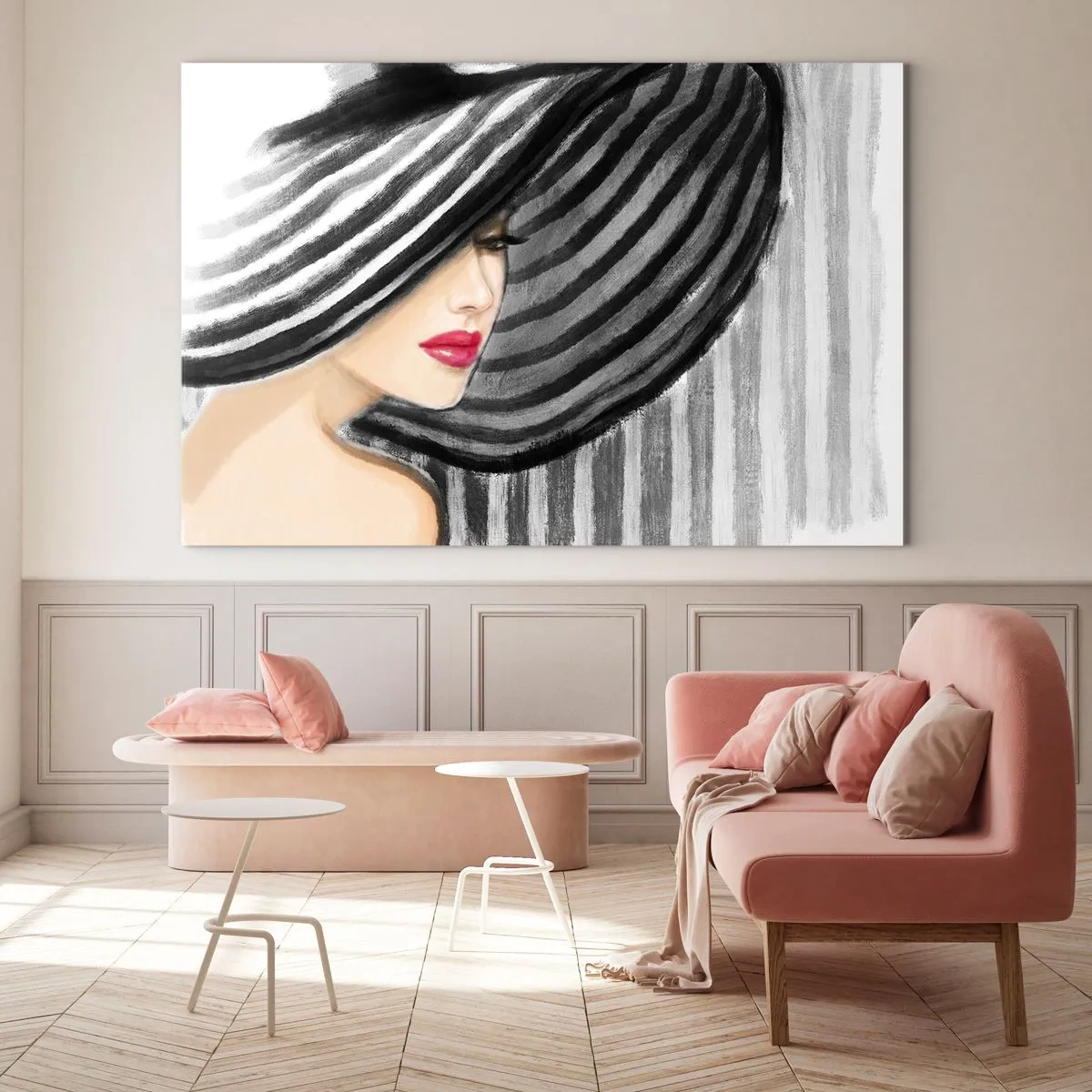 Glastavla - Bild på glas - Snygg kvinna i en svartvit randig hatt - 70x50cm - Var hittar jag dig? - Modern väggdekoration för vardagsrum och sovrum ARTTOR