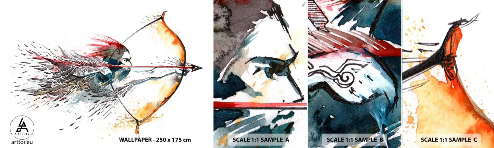 Provbit av självhäftande fototapet Deluxe Sticker - Mytomspunnen kämpe med brinnande båge - Abstraktion, Beväpnad man, Bågskott - 100x30 cm