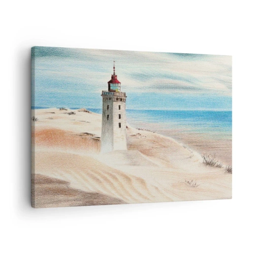 Canvastavla - Bild på duk - En fyr omgiven av sanddyner och en blå himmel - 70x50cm - Tittar alltid i havet - Modern väggdekoration för vardagsrum och sovrum ARTTOR