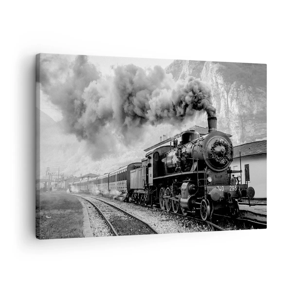 Canvastavla - Bild på duk - Ett svartvitt ånglok mot ett bergslandskap - 70x50cm - Det står ett lok på stationen... - Modern väggdekoration för vardagsrum och sovrum ARTTOR