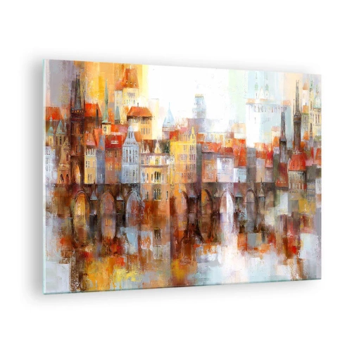 Glastavla - Bild på glas - Färgglatt stadspanorama med en bro och reflektion i vattnet - 70x50cm - Vackert under bron - Modern väggdekoration för vardagsrum och sovrum ARTTOR