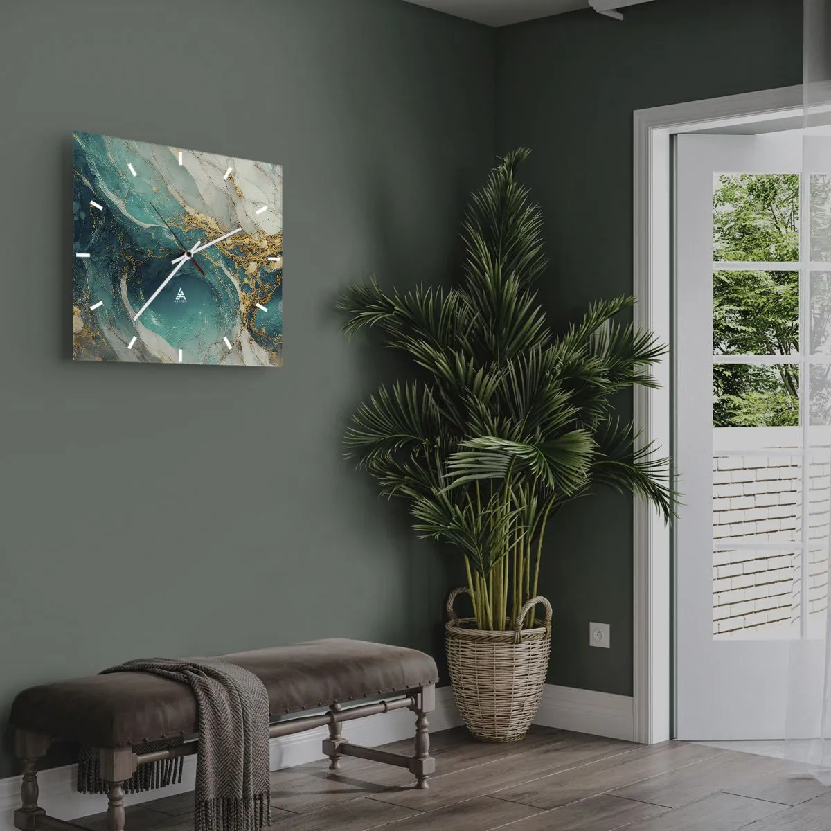 Väggklocka - Klocka på glas - En komposition med guldådror - 30x30 cm