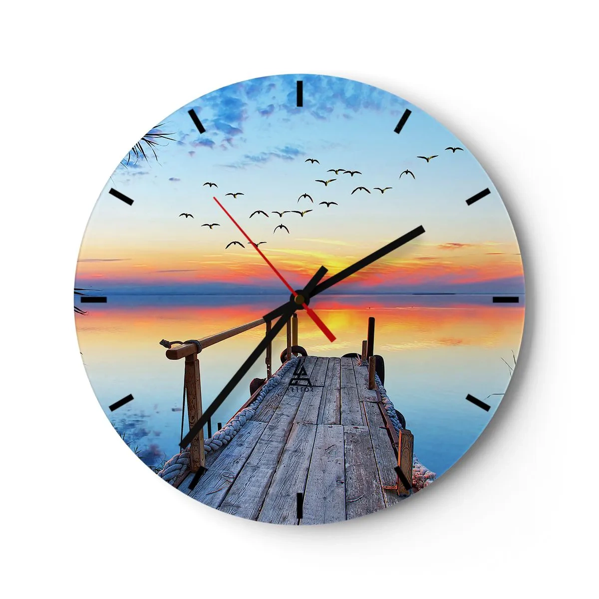 Väggklocka - Klocka på glas - En pir vid sjön i solnedgångens strålar - 30x30cm - Dags att vända hem... - Modern väggdekoration för vardagsrum, kök och sovrum ARTTOR