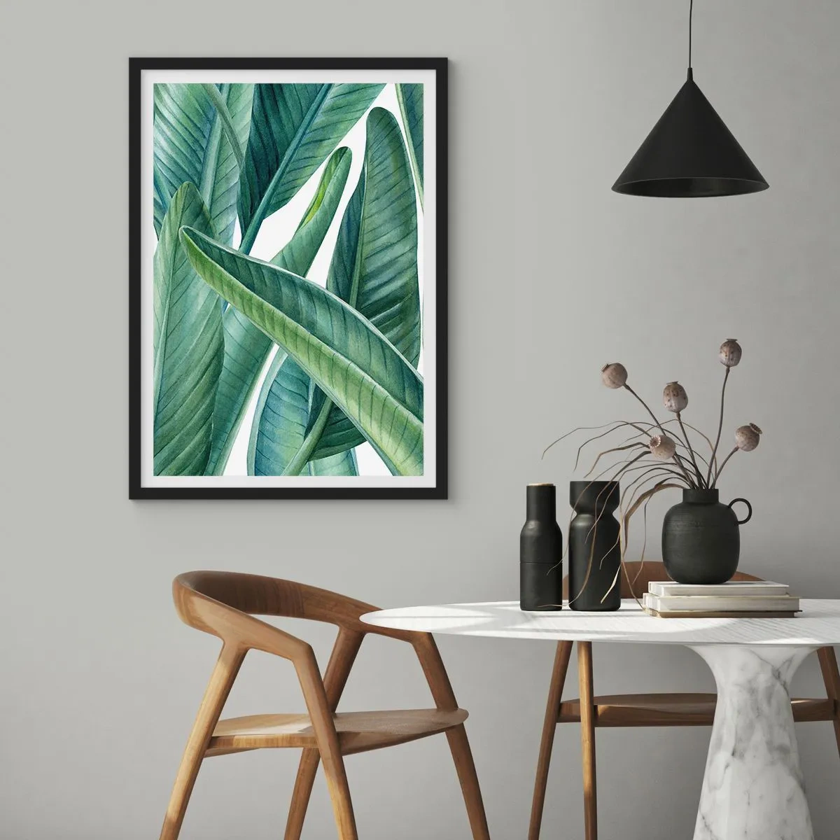 Affisch i svart ram - Gröna bananblad i akvarellstil - 50x70cm - Grönskan i sig själv - Modern väggdekoration för vardagsrum och sovrum ARTTOR
