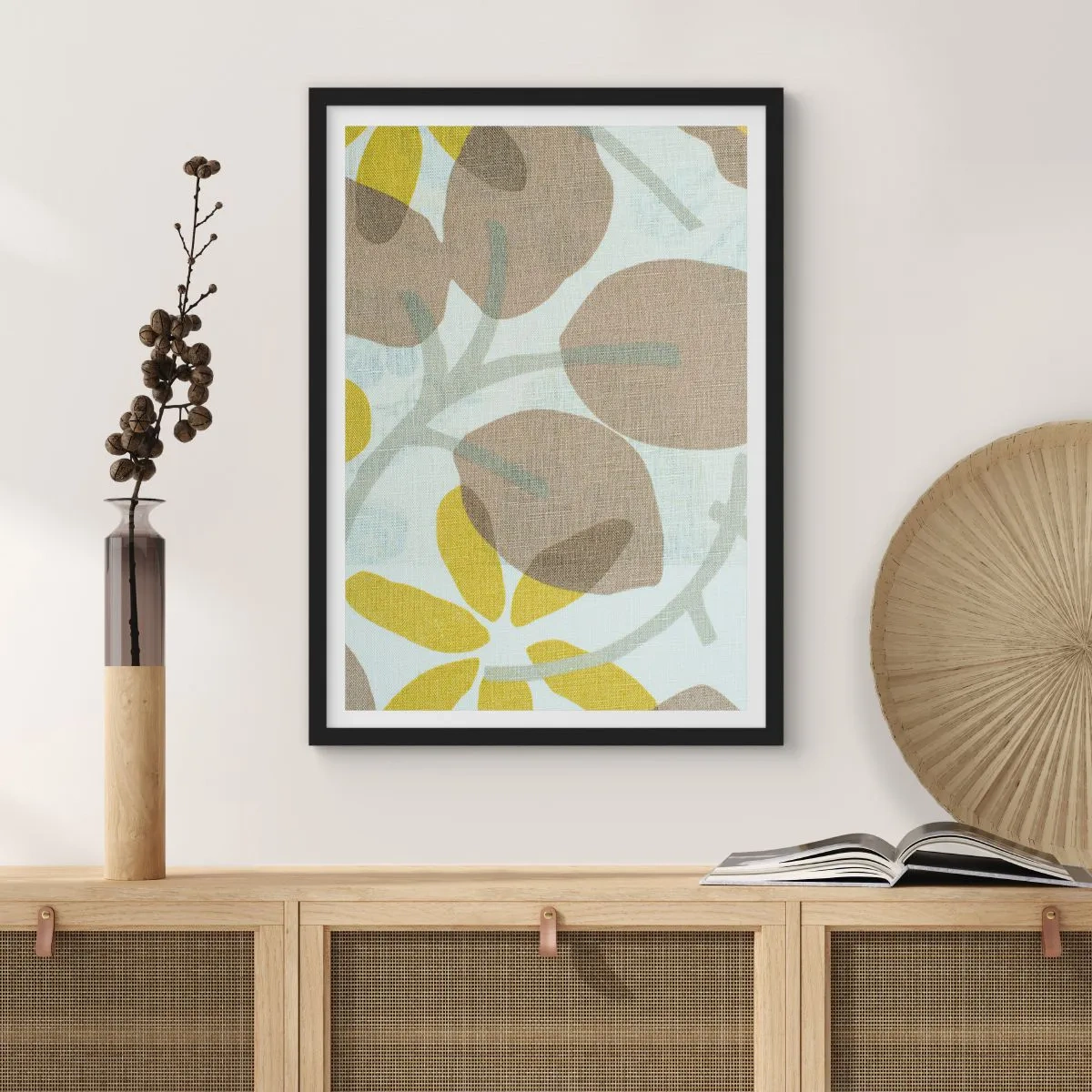 Affisch i svart ram - Delikat botaniskt tryck i naturliga färger - 50x70cm - Komposition i solskenet - Modern väggdekoration för vardagsrum och sovrum ARTTOR