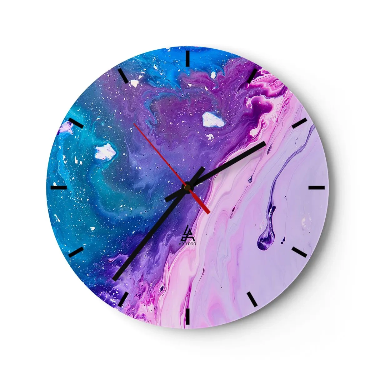 Väggklocka - Klocka på glas - Abstrakta färger i nyanser av lila och blått - 30x30cm - Yin och yang - Modern väggdekoration för vardagsrum, kök och sovrum ARTTOR