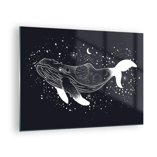Glastavla - Bild på glas - Grafisk vit silhuett av en val som svävar i rymden - 70x50cm - I universumets hav - Modern väggdekoration för vardagsrum och sovrum ARTTOR