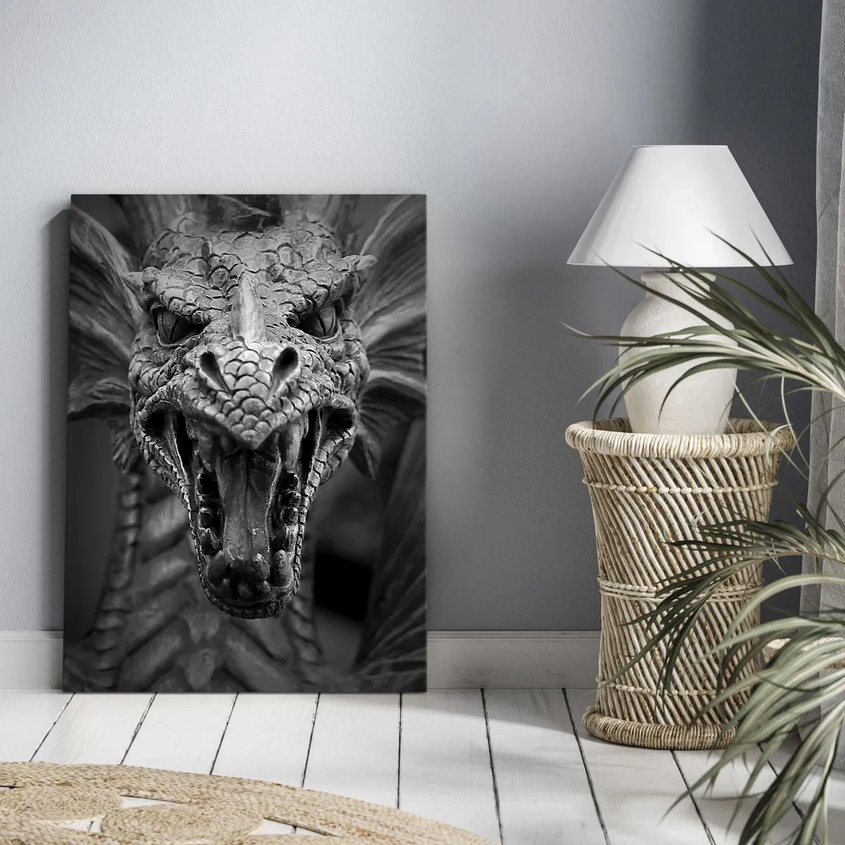 Canvastavla - Bild på duk - En sagodrake i grånyans - 45x80 cm