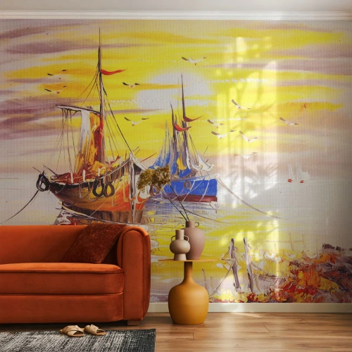 Fototapet Premium Canvas - Välförtjänt vila i hamnen - Fiskebåt, Fiske, Fåglar - 300x210 cm