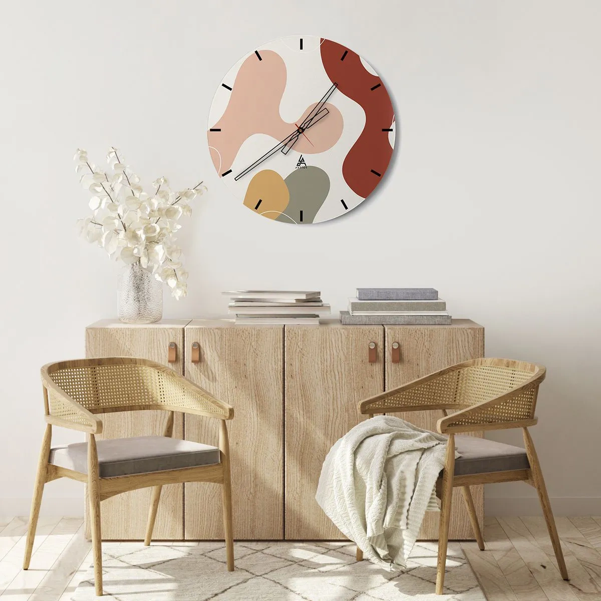 Väggklocka - Klocka på glas - En abstrakt komposition av organiska former och färger. - 30x30cm - Ornamental zig-zack? - Modern väggdekoration för vardagsrum, kök och sovrum ARTTOR