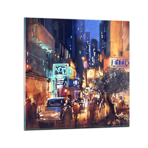 Glastavla - Bild på glas - Och staden sover inte - 70x70 cm