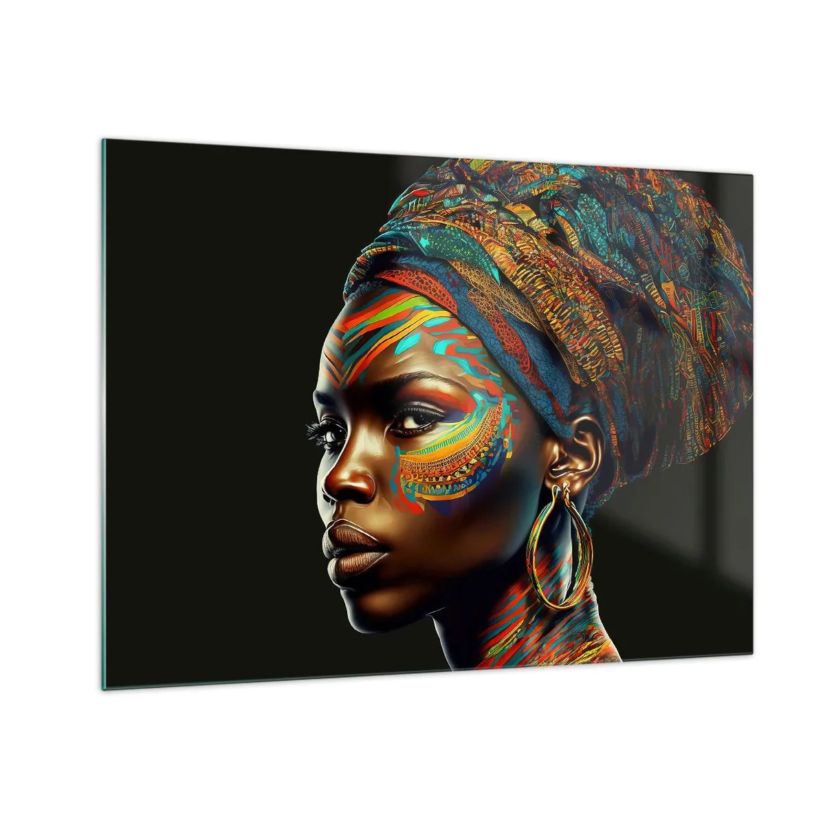 Glastavla - Bild på glas - Porträtt av en kvinna med färgglad målning och turban - 70x50cm - Afrikansk drottning - Modern väggdekoration för vardagsrum och sovrum ARTTOR