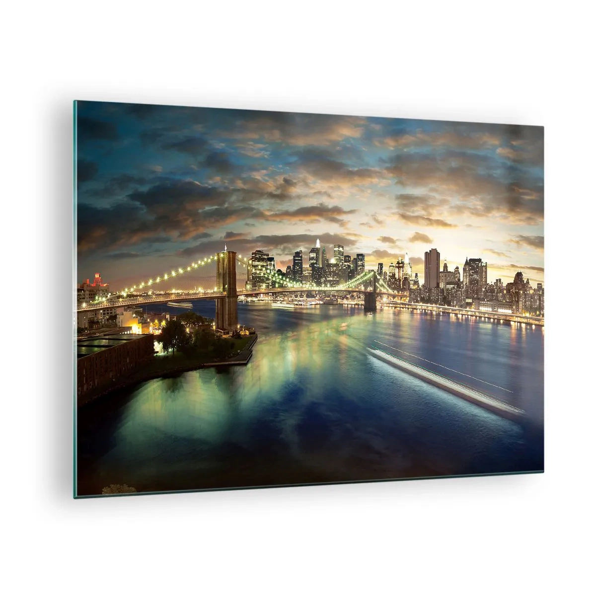 Glastavla - Bild på glas - Utsikt över bron och staden vid solnedgången - 70x50cm - En ljus kväll över Manhattan. - Modern väggdekoration för vardagsrum och sovrum ARTTOR