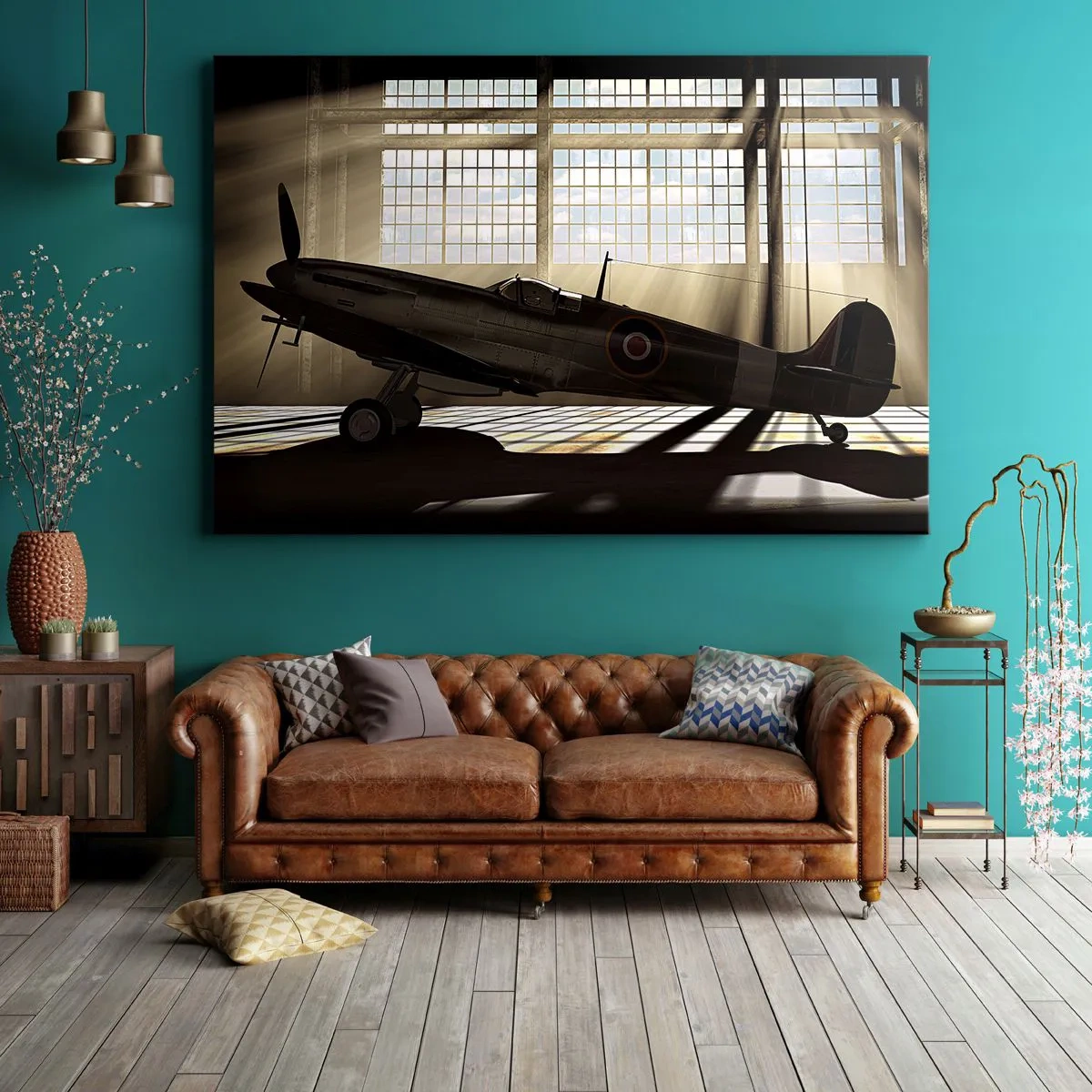 Canvastavla - Bild på duk - Ett historiskt flygplan i en hangar upplyst av solljus - 70x50cm - Kämpens vila - Modern väggdekoration för vardagsrum och sovrum ARTTOR