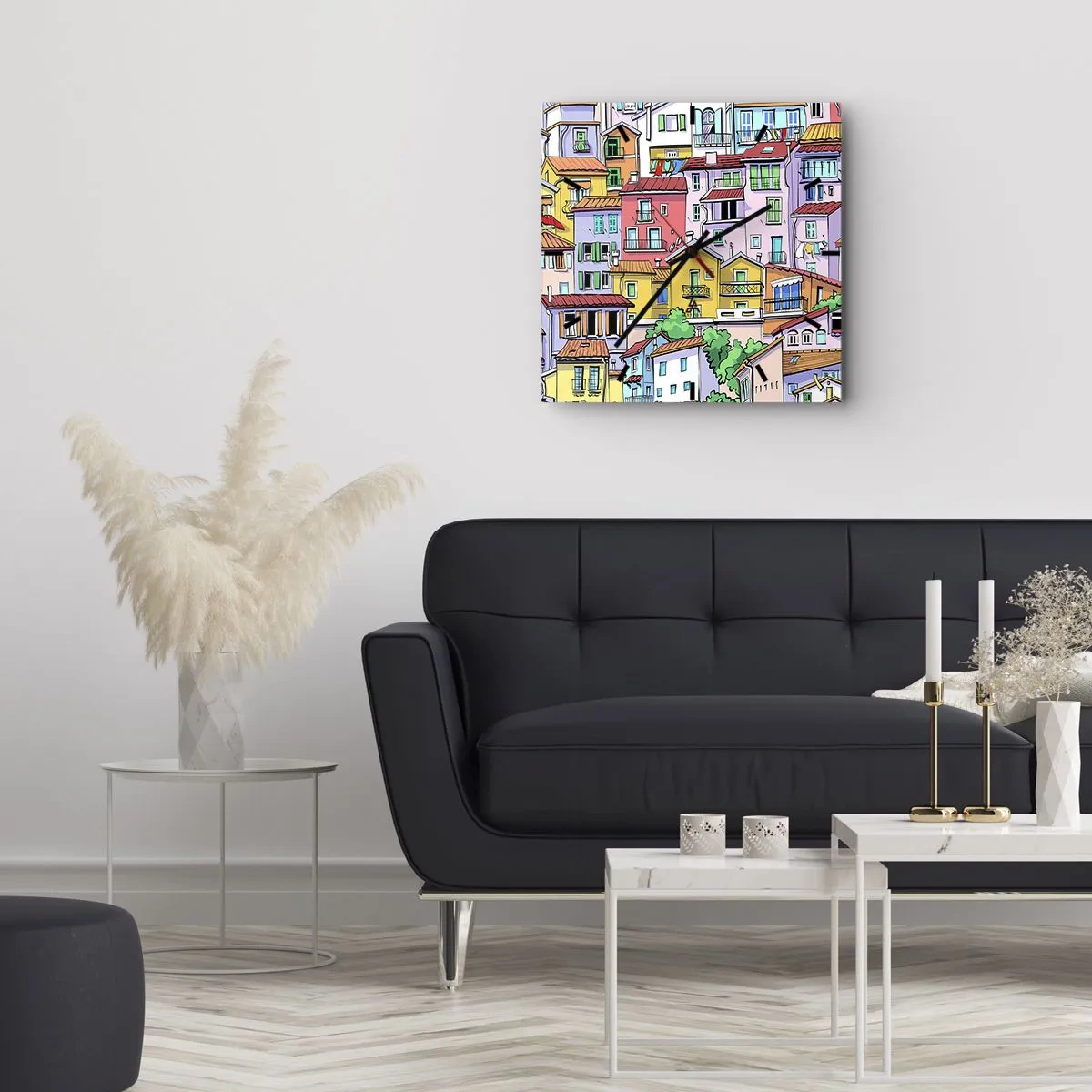 Väggklocka - Klocka på glas - Gladlynt stad - 40x40 cm