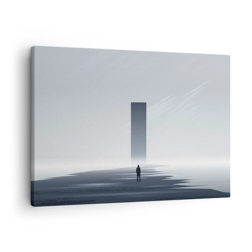 Canvastavla - Bild på duk - Ett minimalistiskt landskap med en silhuett bredvid en rektangulär monolit - 70x50cm - Möjlighet eller hot? - Modern väggdekoration för vardagsrum och sovrum ARTTOR