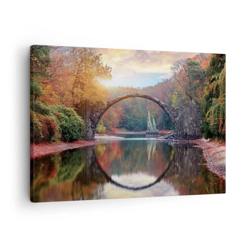 Canvastavla - Bild på duk - En stenbro i ett höstlandskap över lugnt vatten - 70x50cm - På andra sidan av spegeln - Modern väggdekoration för vardagsrum och sovrum ARTTOR