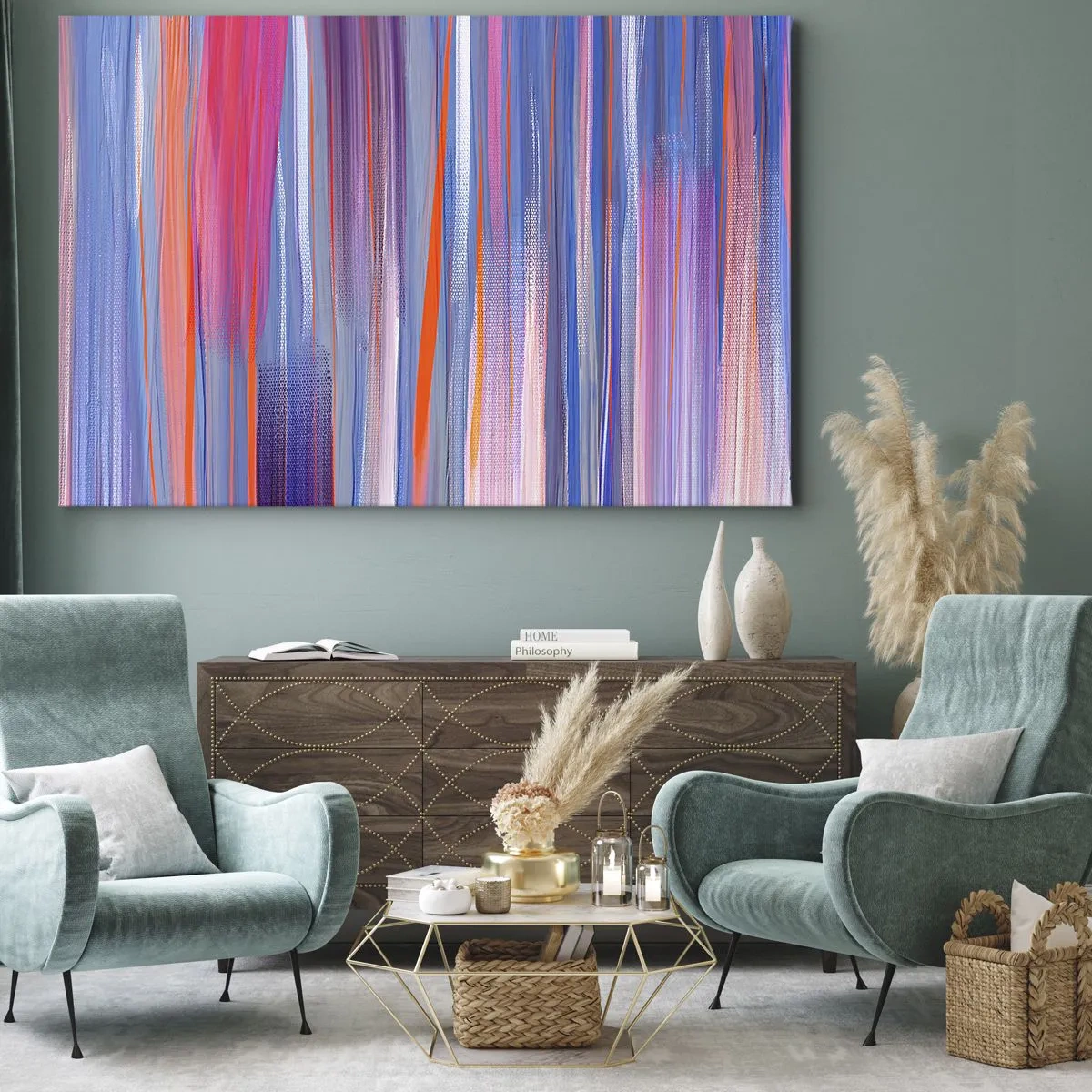 Canvastavla - Bild på duk - Abstrakta vertikala linjer i nyanser av blått och rosa - 70x50cm - Uppstigning i regnbåge - Modern väggdekoration för vardagsrum och sovrum ARTTOR