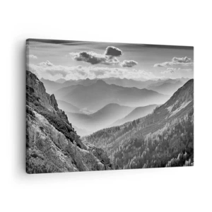 Canvastavla - Bild på duk - Svartvitt bergslandskap med moln över topparna - 70x50cm - Ända fram till horisonten - Modern väggdekoration för vardagsrum och sovrum ARTTOR