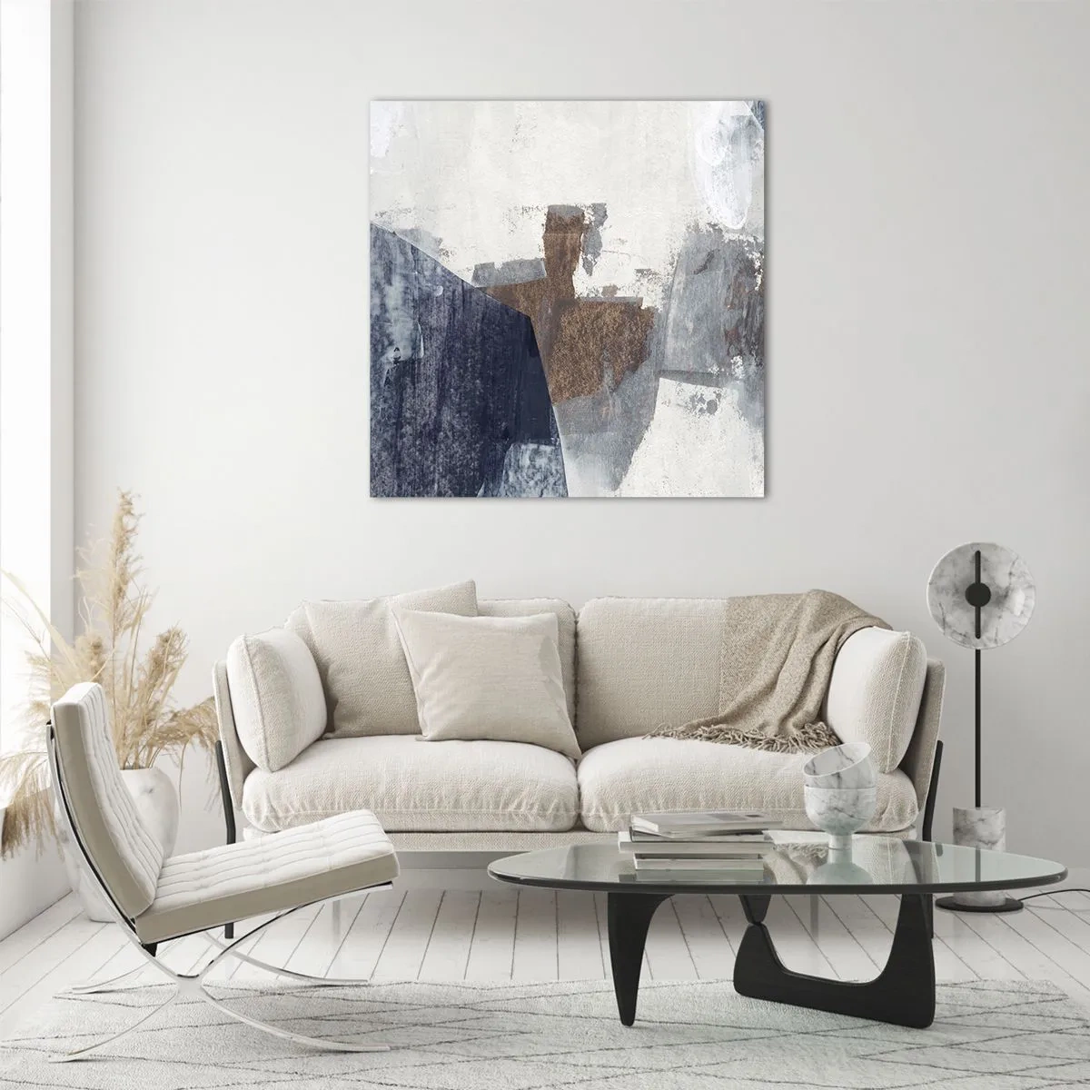 Glastavla - Bild på glas - Blåbruna former - 60x60 cm