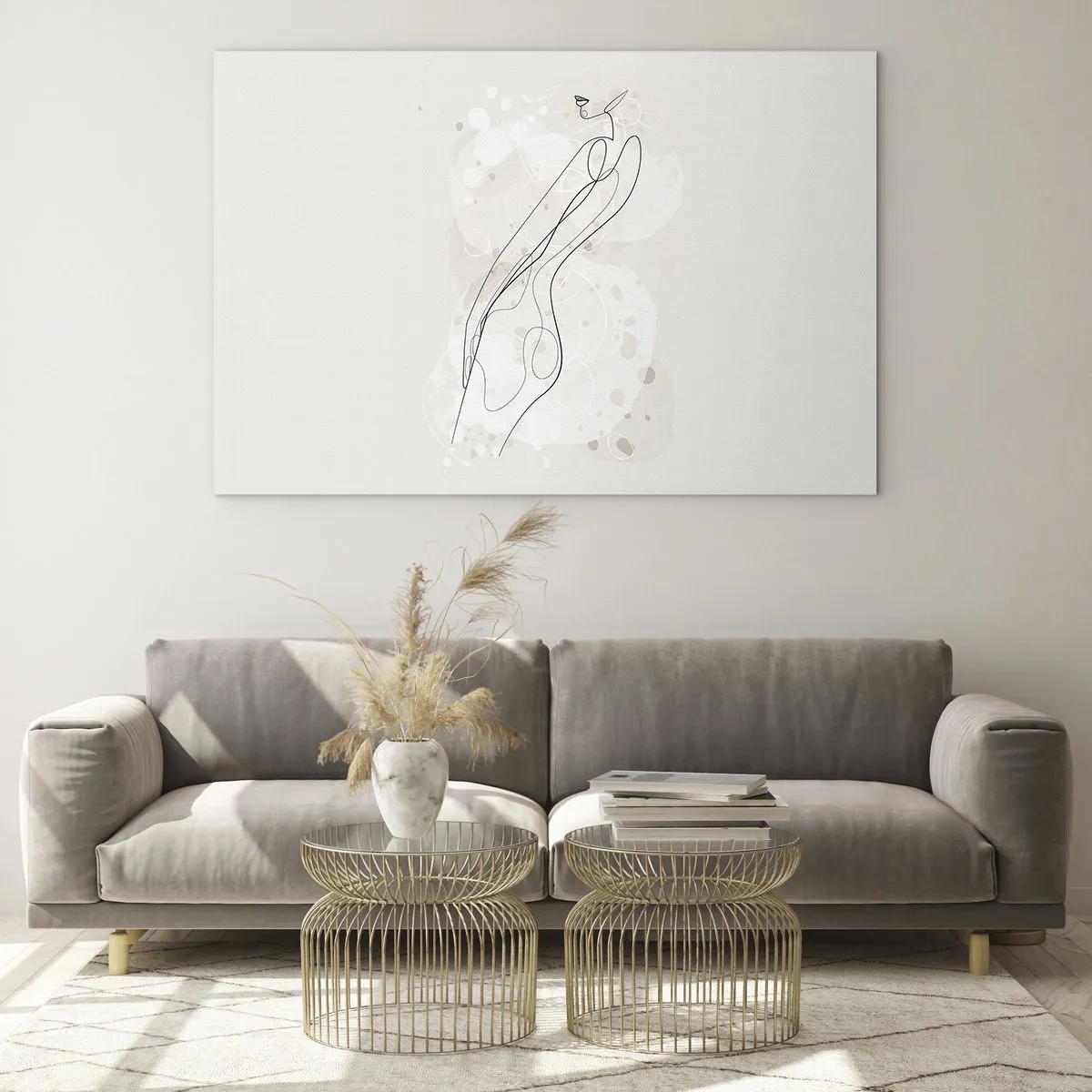 Glastavla - Bild på glas - Konturerad silhuett av en kvinna i beige nyanser - 70x50cm - Blicken går vilse - Modern väggdekoration för vardagsrum och sovrum ARTTOR