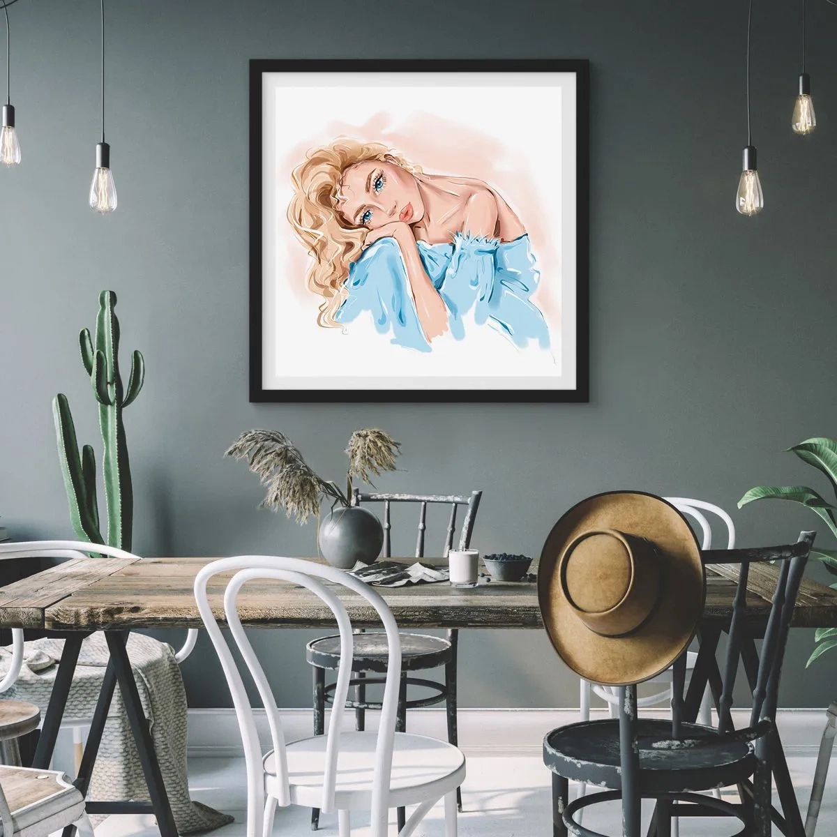 Affisch i svart ram - Drömmande i blått - 30x30 cm