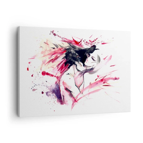 Canvastavla - Bild på duk - Abstrakt porträtt av en kvinna med dynamiska röda accenter - 70x50cm - Kärleksfull uppfyllelse - Modern väggdekoration för vardagsrum och sovrum ARTTOR