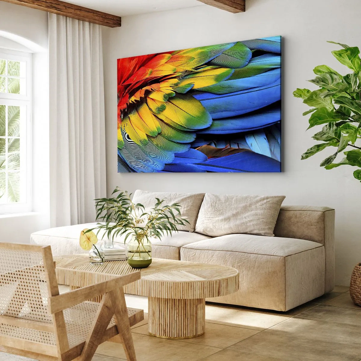 Canvastavla - Bild på duk - En närbild av en papegojas färgglada fjädrar - 70x50cm - Paradisfågel - Modern väggdekoration för vardagsrum och sovrum ARTTOR