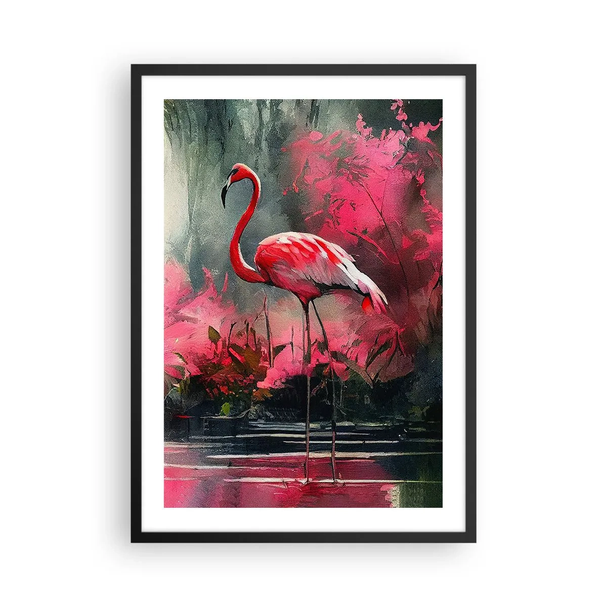 Affisch i svart ram - En flamingo omgiven av rosa vegetation vid vattnet - 50x70cm - En lektion i naturlig charm - Modern väggdekoration för vardagsrum och sovrum ARTTOR