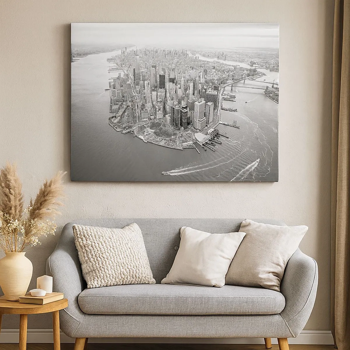 Canvastavla - Bild på duk - Flygfoto över Manhattan i svartvitt - 70x50cm - Hur man inte älskar? - Modern väggdekoration för vardagsrum och sovrum ARTTOR