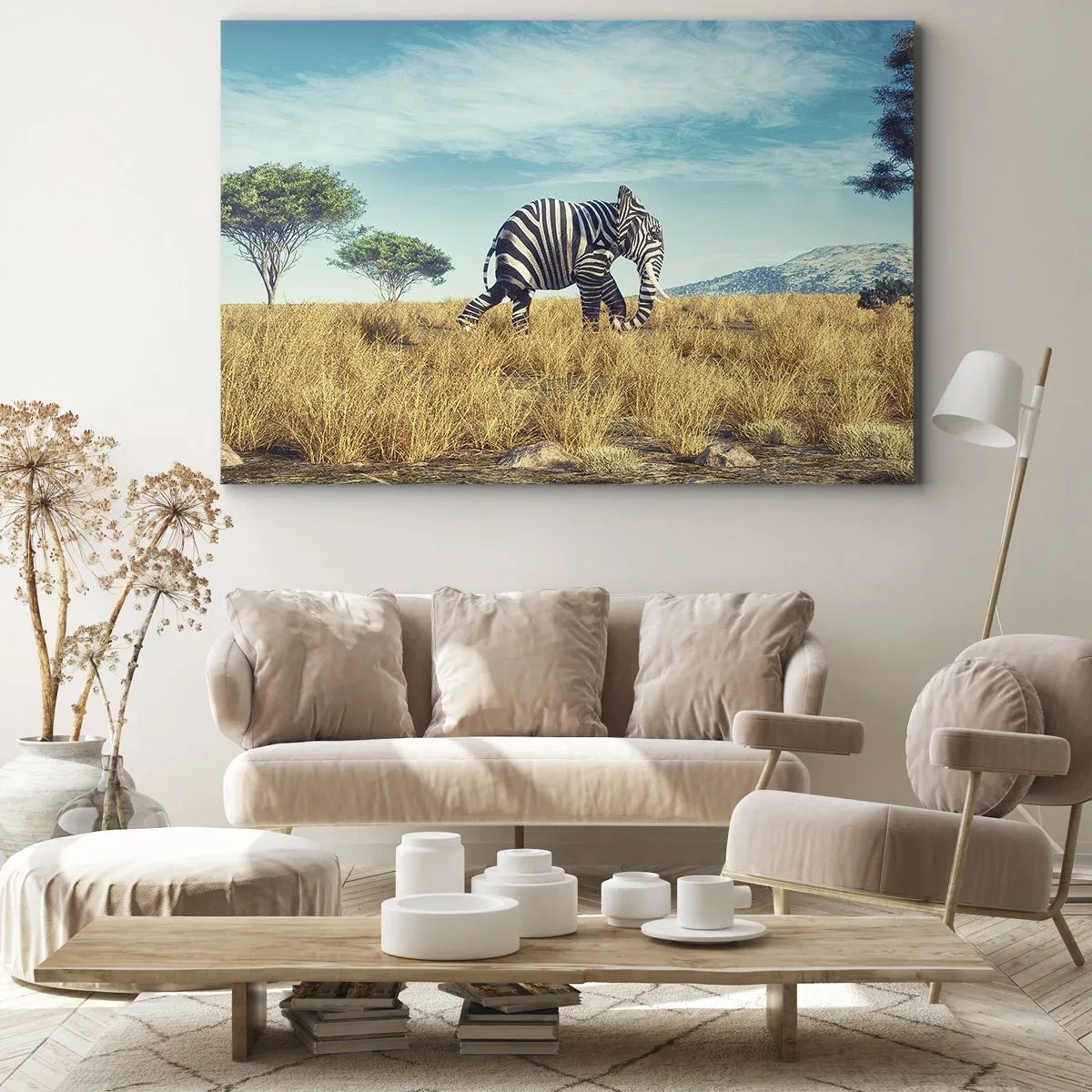Canvastavla - Bild på duk - Zebra i ett afrikanskt landskap - 70x50cm - Grått är ute - Modern väggdekoration för vardagsrum och sovrum ARTTOR