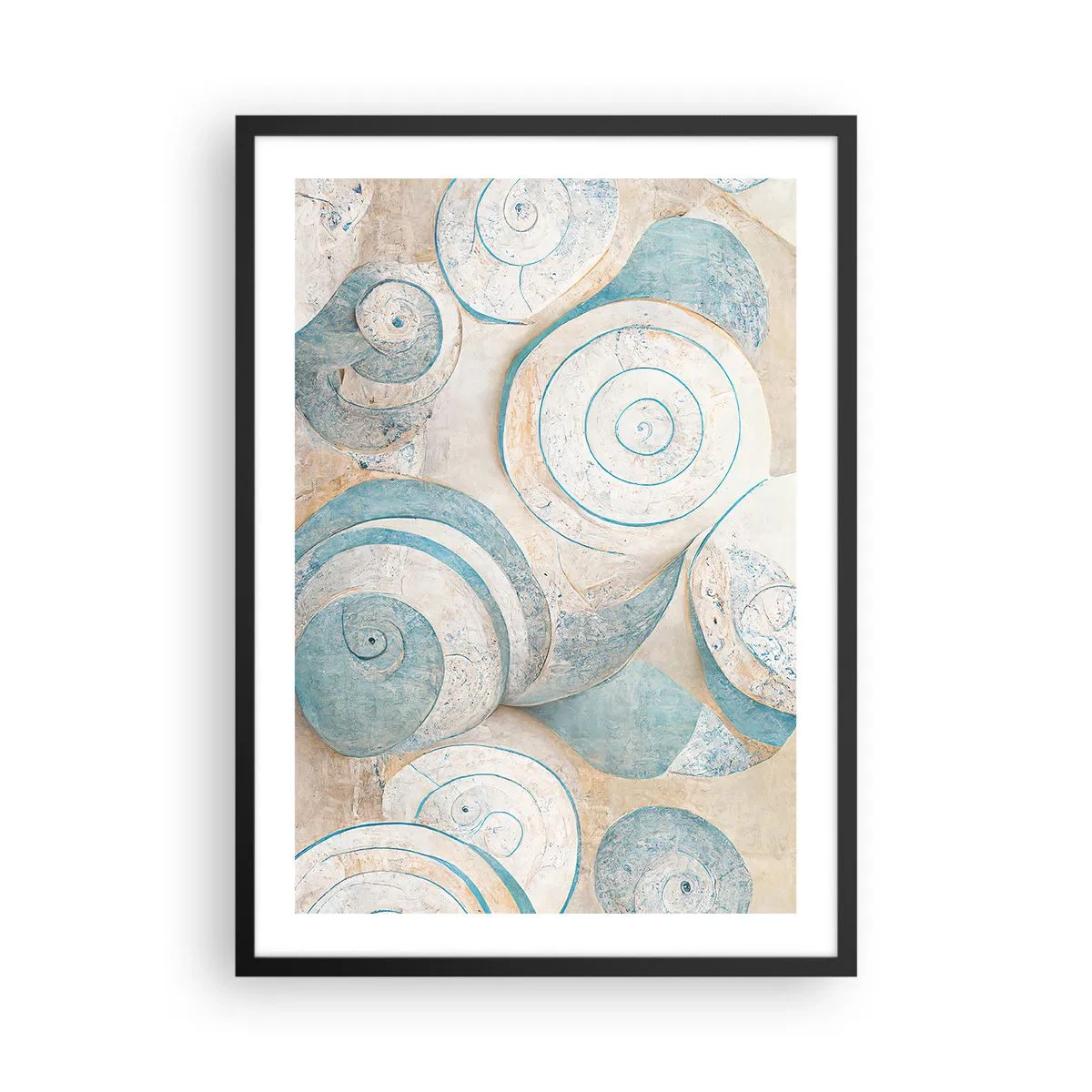 Affisch i svart ram - Abstrakta spiraler i nyanser av blått och beige - 50x70cm - Vad döljer musslan? - Modern väggdekoration för vardagsrum och sovrum ARTTOR