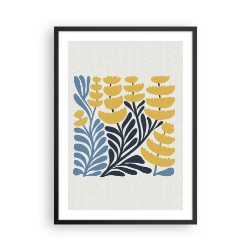 Affisch i svart ram - Stiliserade gula och marinblå blommor i minimalistisk stil - 50x70cm - Solig rabatt - Modern väggdekoration för vardagsrum och sovrum ARTTOR