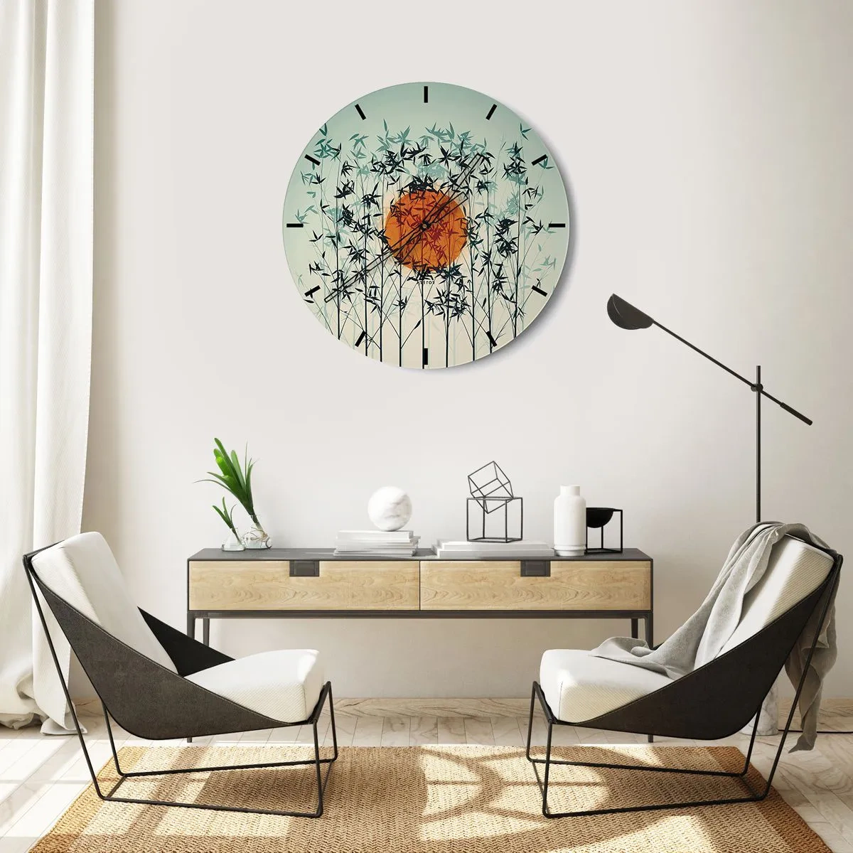 Väggklocka - Klocka på glas - Bambublad mot den orange solen och den ljusa himlen - 30x30cm - Japansk sol - Modern väggdekoration för vardagsrum, kök och sovrum ARTTOR