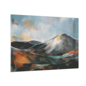 Glastavla - Bild på glas - Ett måleriskt bergslandskap i varma och kalla färger - 70x50cm - Råa och vackra - Modern väggdekoration för vardagsrum och sovrum ARTTOR