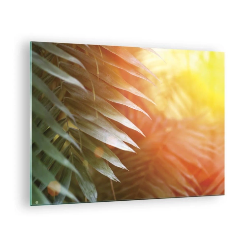 Glastavla - Bild på glas - Palmblad i morgonsolens sken i en tropisk miljö - 70x50cm - En morgon i djungeln - Modern väggdekoration för vardagsrum och sovrum ARTTOR