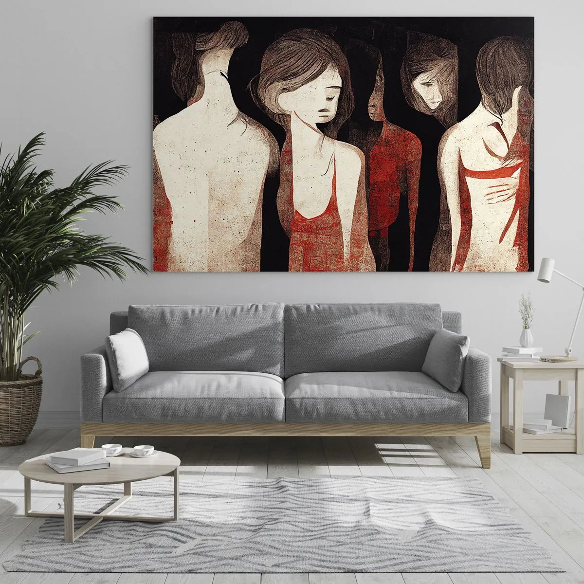 Glastavla - Bild på glas - Abstrakta kvinnliga silhuetter i rött på svart bakgrund - 70x50cm - Madonnor av mörker - Modern väggdekoration för vardagsrum och sovrum ARTTOR