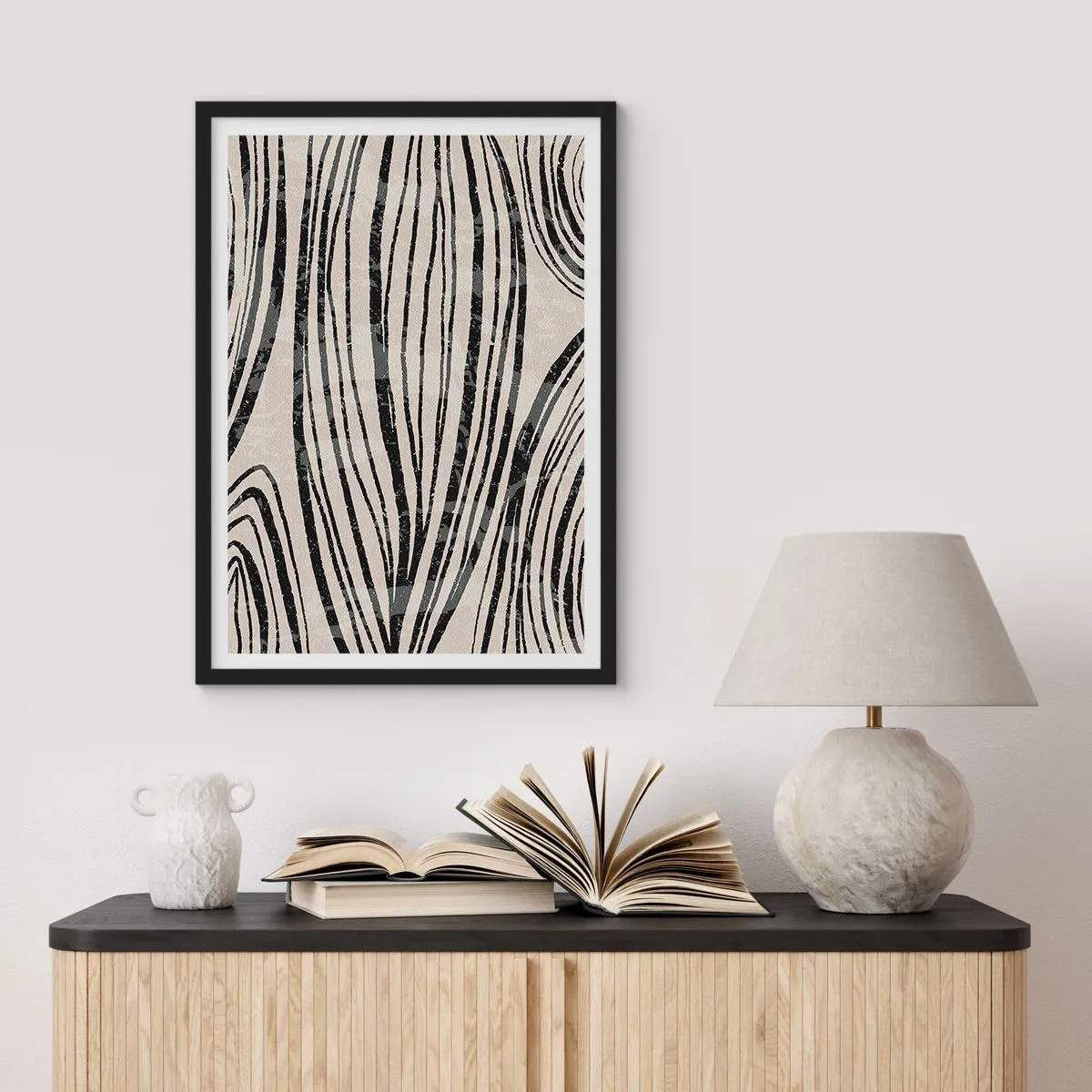 Affisch i svart ram - Abstrakta svarta linjer på en beige bakgrund - 50x70cm - Stänk av linjer - Modern väggdekoration för vardagsrum och sovrum ARTTOR