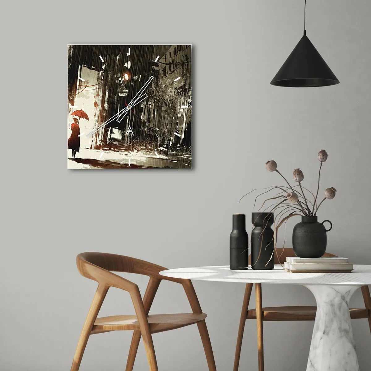 Väggklocka - Klocka på glas - Röda paraplyets poesi - 40x40 cm