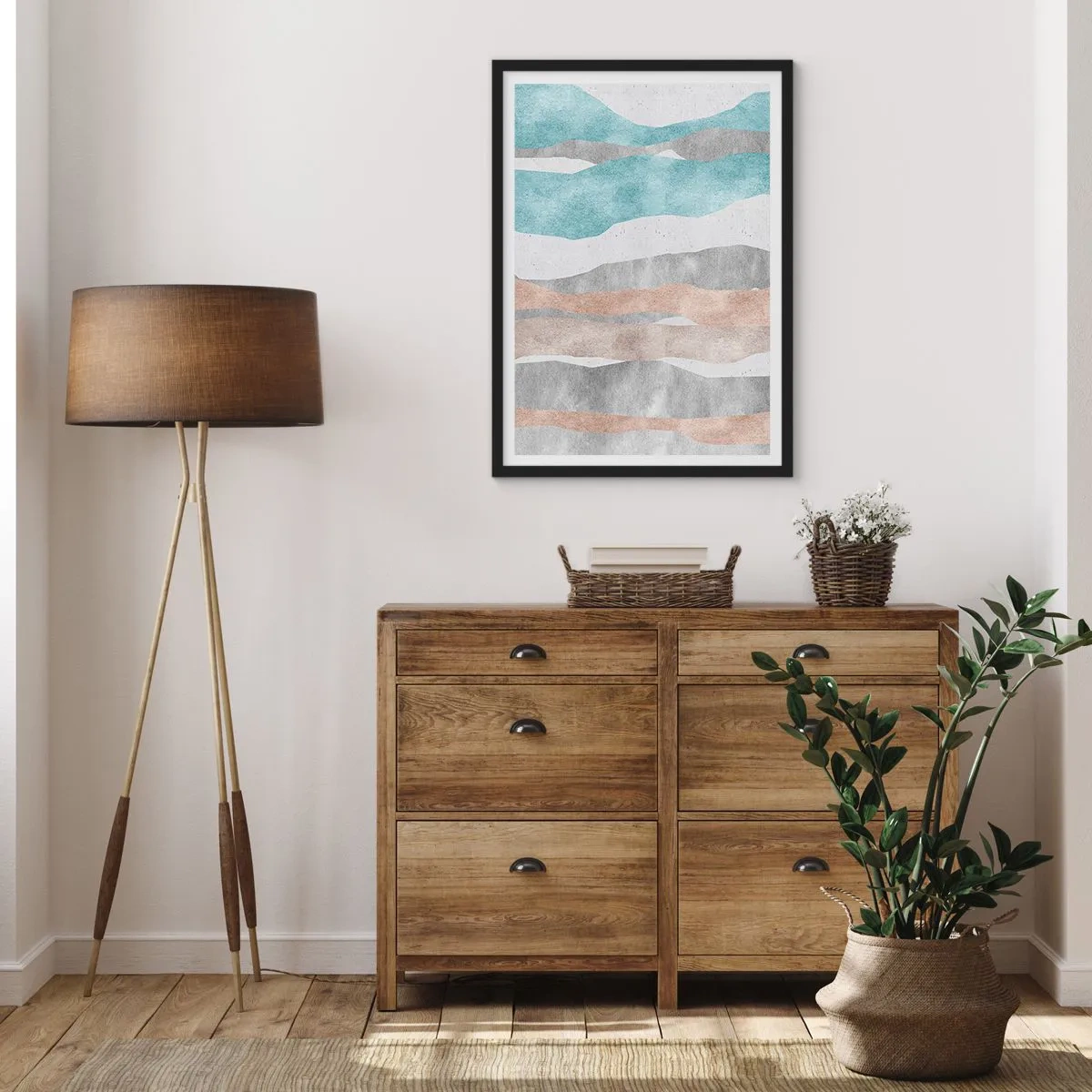 Affisch i svart ram - Minimalistiska vågor i nyanser av blått och beige - 50x70cm - Närhetsstudie - Modern väggdekoration för vardagsrum och sovrum ARTTOR