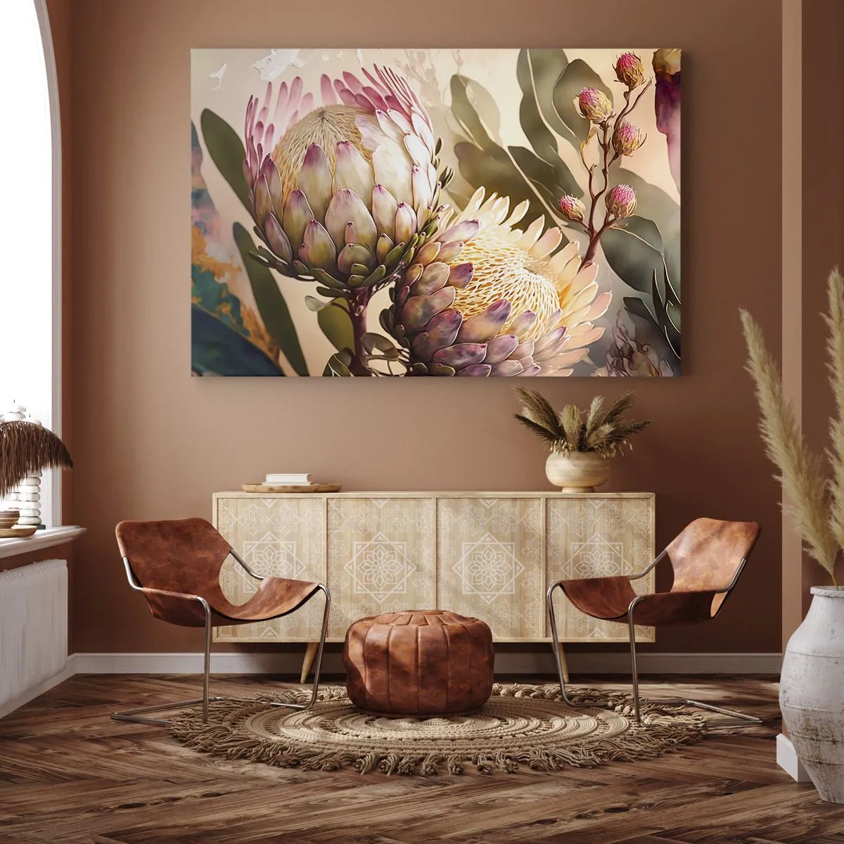 Canvastavla - Bild på duk - Färgglada proteablommor på en delikat bakgrund - 70x50cm - Ömsint omfamnad - Modern väggdekoration för vardagsrum och sovrum ARTTOR