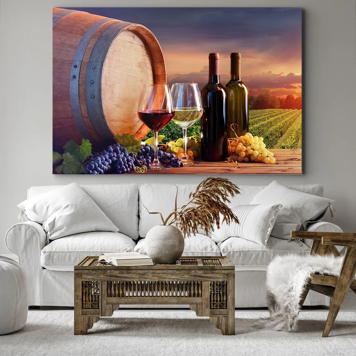 Canvastavla - Bild på duk - Vin, glas och en tunna i ett pittoreskt landskap - 70x50cm - Här smakar livet - Modern väggdekoration för vardagsrum och sovrum ARTTOR