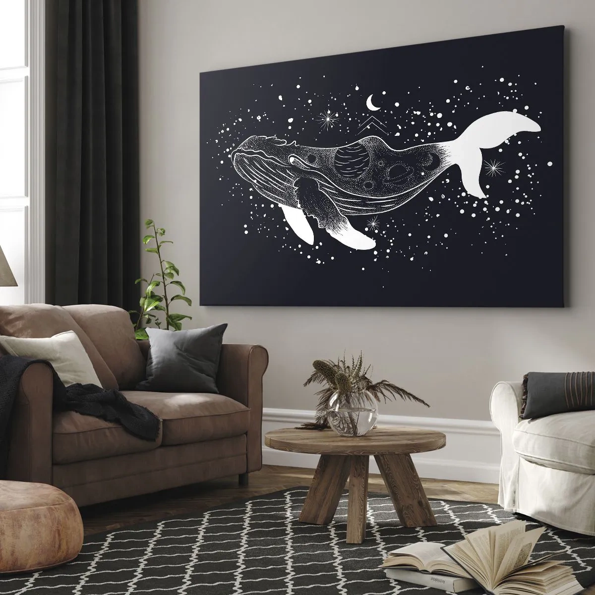 Canvastavla - Bild på duk - En grafisk illustration av en val i rymdåldersstil. - 70x50cm - I universumets hav - Modern väggdekoration för vardagsrum och sovrum ARTTOR