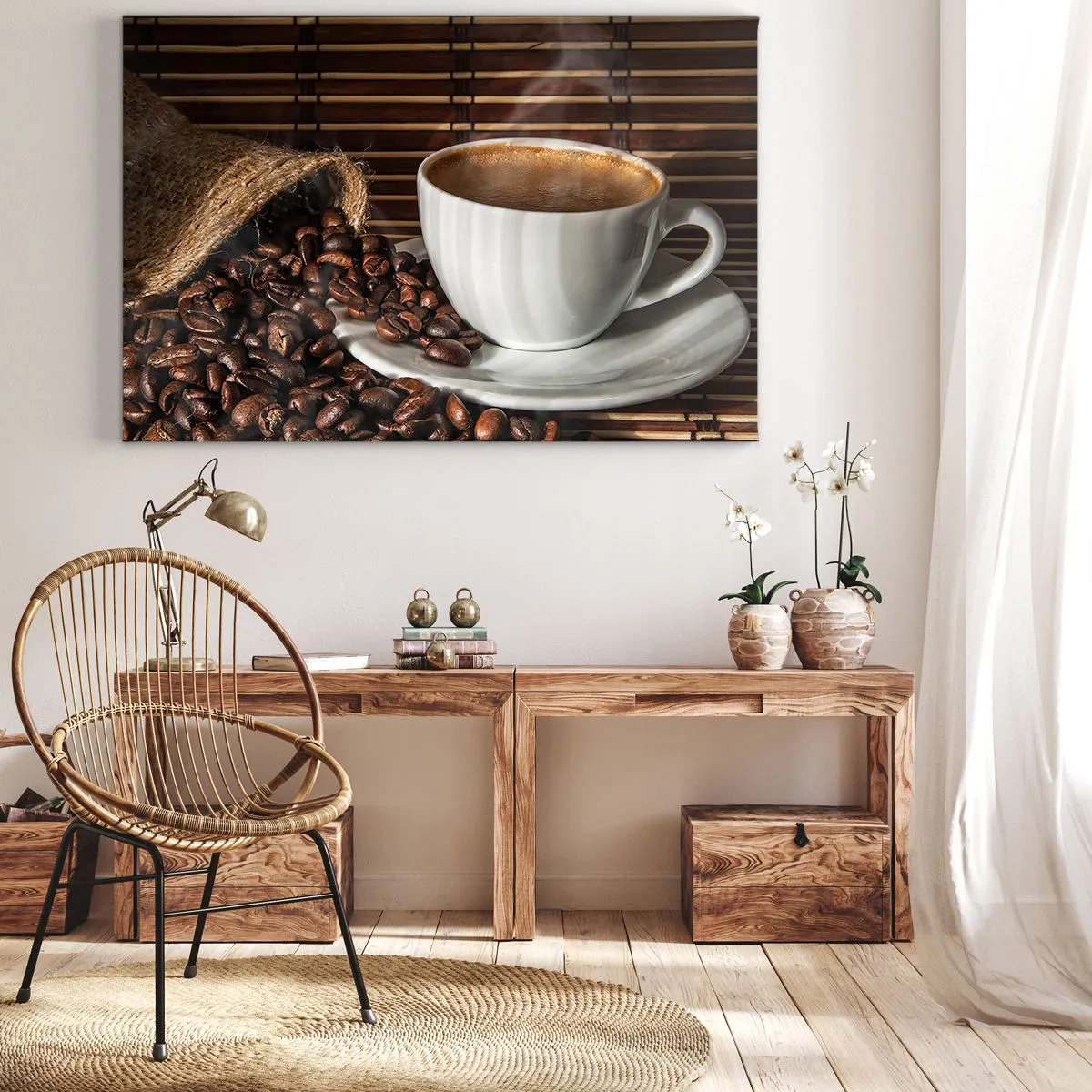 Canvastavla - Bild på duk - En kopp kaffe med bönor på en bambubakgrund - 70x50cm - Kolets svärta, bärnstenens transparens - Modern väggdekoration för vardagsrum och sovrum ARTTOR
